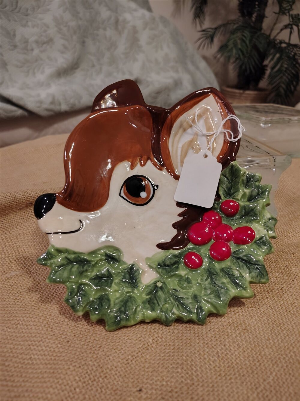 Ceramic Reindeer Head Christmas Plate with Holly